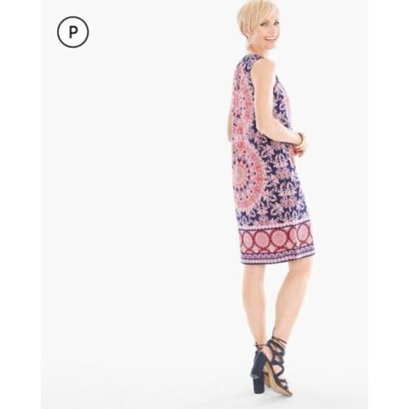 Chico’s Petite Floral Geo Print Dress Size 0 Small 4 Pink Blue Tassels Stretch - Picture 11 of 12